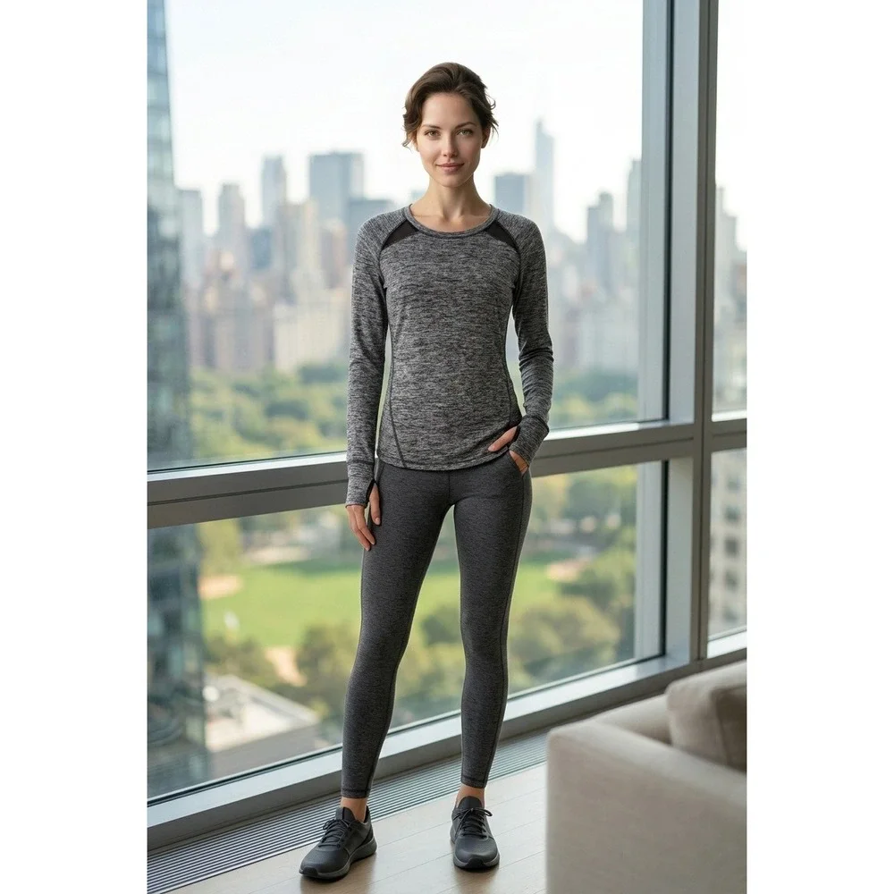 RBX Active Womens Space Dye Long Sleeve Workout Top Grey Black Mesh Thumbholes S